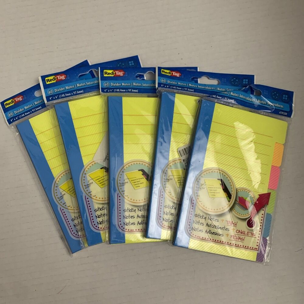 5 Redi-Tag Divider Sticky Notes with Tabs Assorted Colors 60 Sheets/Set
